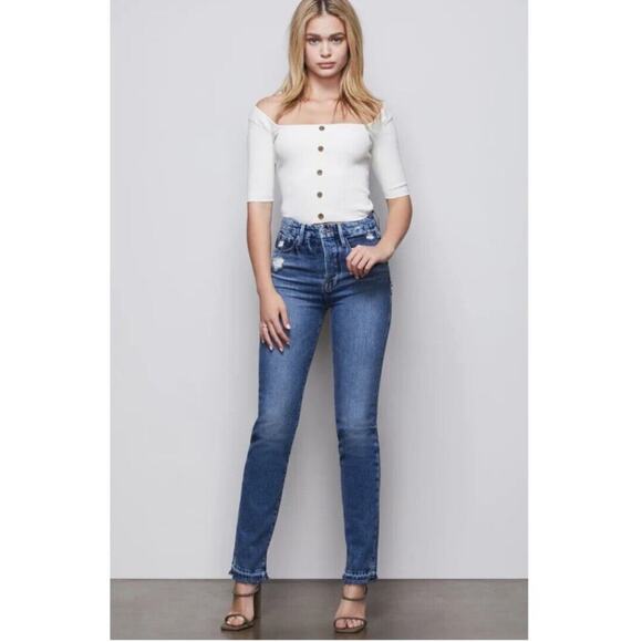 Good American Women’s Good Boy Double Slit Jeans Raw Hem Button Fly Blue Size 10 - Picture 2 of 9